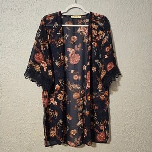 Wallflower Womens Floral Sheer Crochet Trim Kimono Duster Size M Fairy Grunge